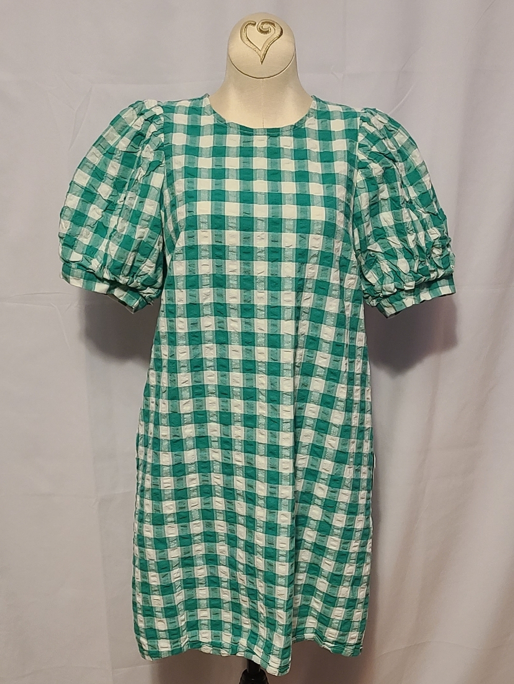 A New Day Plaid Green And White Dress With Pockets Wrinkled Look